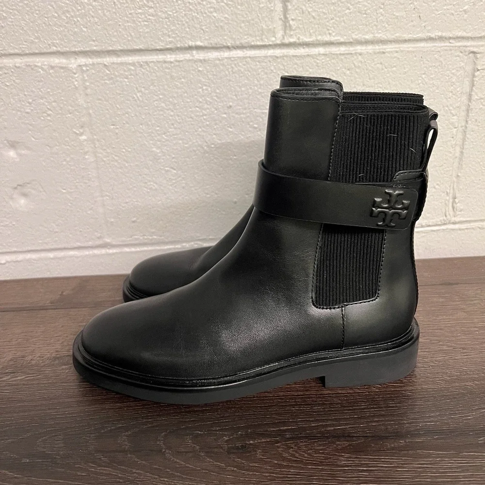 Tory Burch Double T Chelsea Boots Womens 8 Black Leather Ankle Pull On 8913